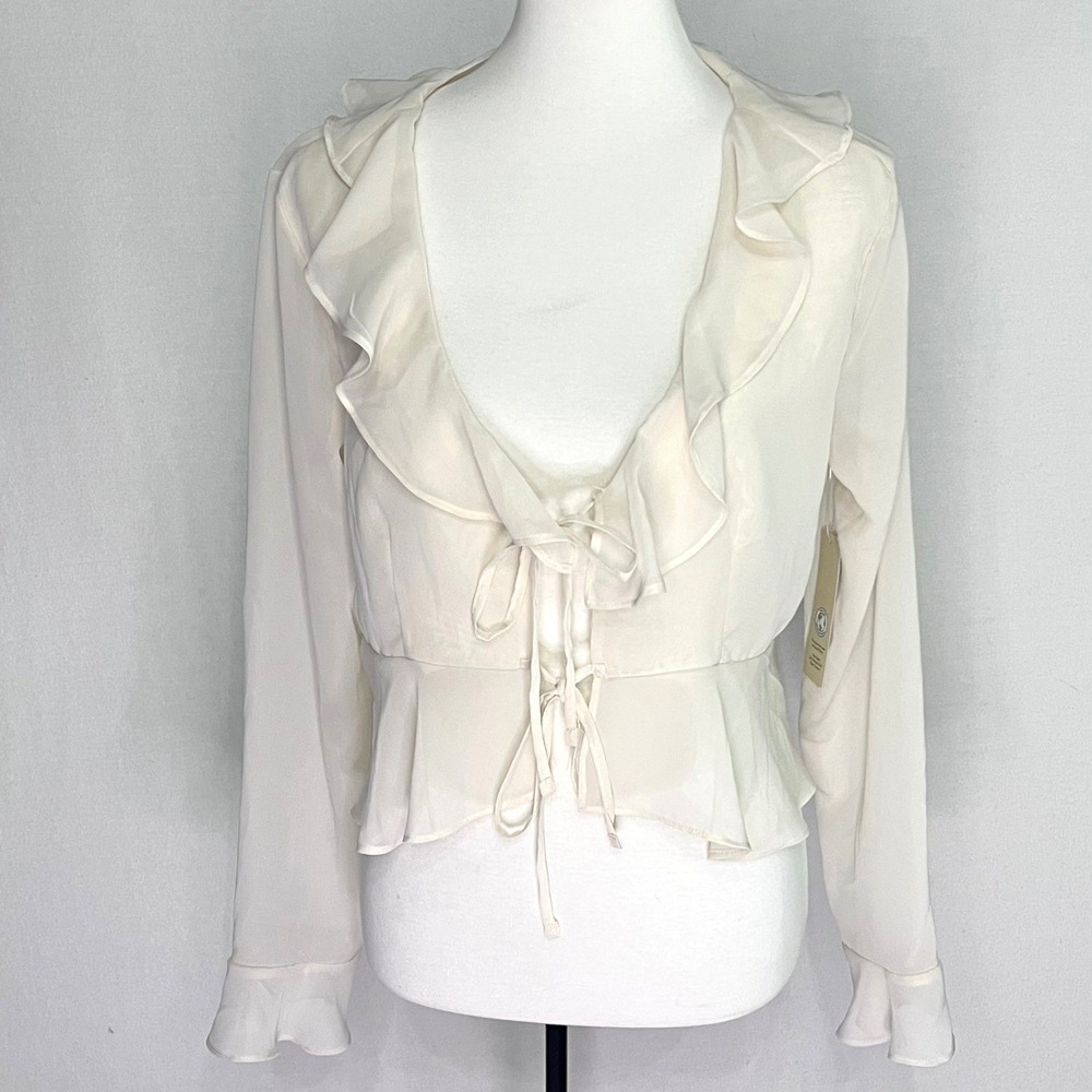 Sheer Fairycore Cream Ruffle Tie Front Peplum Blouse Long Sleeve Large 12-14 - Picture 2 of 12